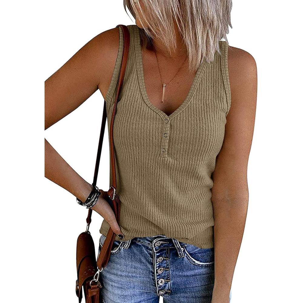 imageMEROKEETY Womens 2026 Summer Sleeveless Tank Tops V Neck Ribbed Dressy Casual Henley Shirts Button Loose Cami TeesKhaki