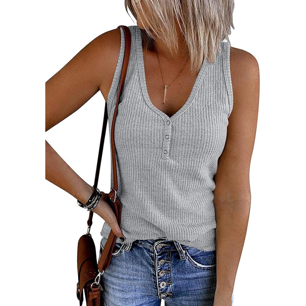imageMEROKEETY Womens 2026 Summer Sleeveless Tank Tops V Neck Ribbed Dressy Casual Henley Shirts Button Loose Cami TeesLightgrey