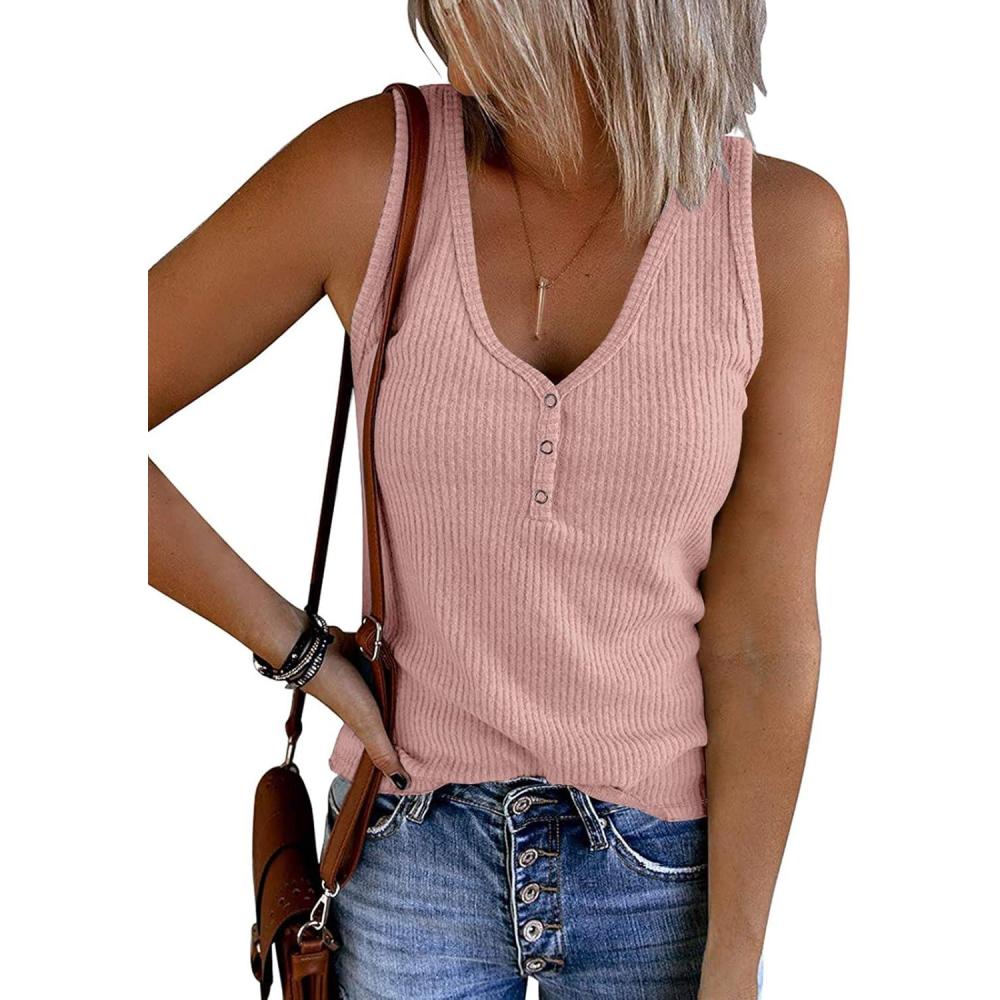 imageMEROKEETY Womens 2026 Summer Sleeveless Tank Tops V Neck Ribbed Dressy Casual Henley Shirts Button Loose Cami TeesPink