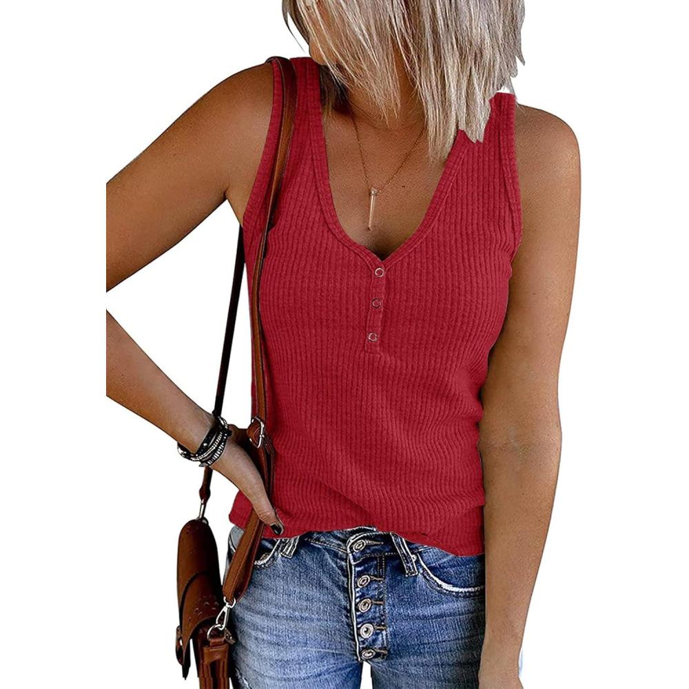 imageMEROKEETY Womens 2026 Summer Sleeveless Tank Tops V Neck Ribbed Dressy Casual Henley Shirts Button Loose Cami TeesRed