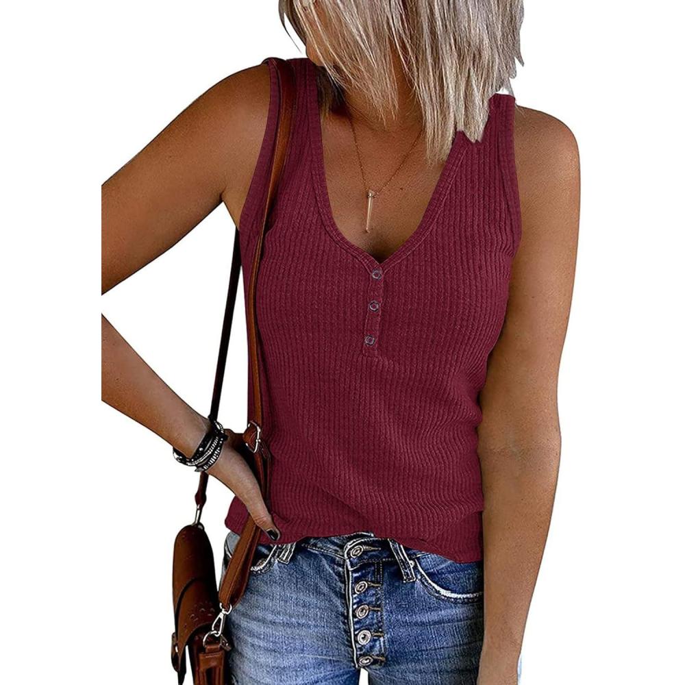 imageMEROKEETY Womens 2026 Summer Sleeveless Tank Tops V Neck Ribbed Dressy Casual Henley Shirts Button Loose Cami TeesWine