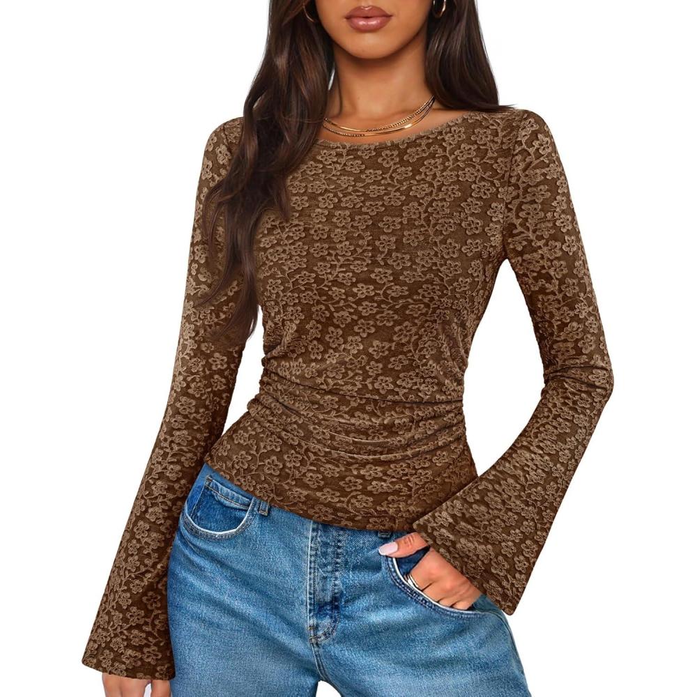 imageMEROKEETY Womens Bell Long Sleeve Shirts 2025 Fall Floral Going Out Tops Slim Fit Y2k Clothes OutiftsBrown