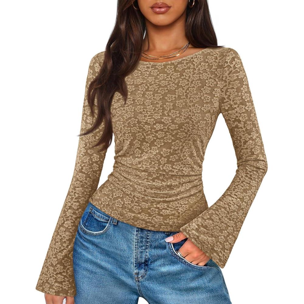 imageMEROKEETY Womens Bell Long Sleeve Shirts 2025 Fall Floral Going Out Tops Slim Fit Y2k Clothes OutiftsDarkkhaki