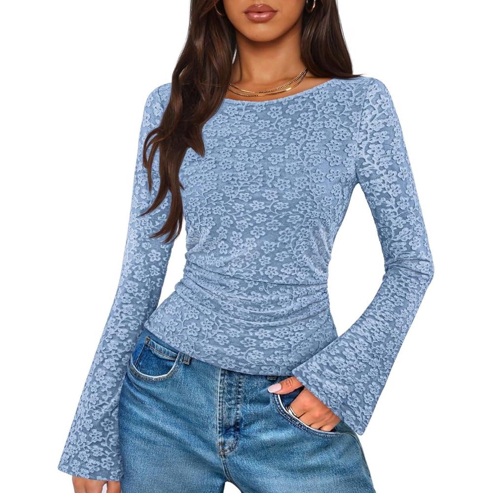 imageMEROKEETY Womens Bell Long Sleeve Shirts 2025 Fall Floral Going Out Tops Slim Fit Y2k Clothes OutiftsDustyblue