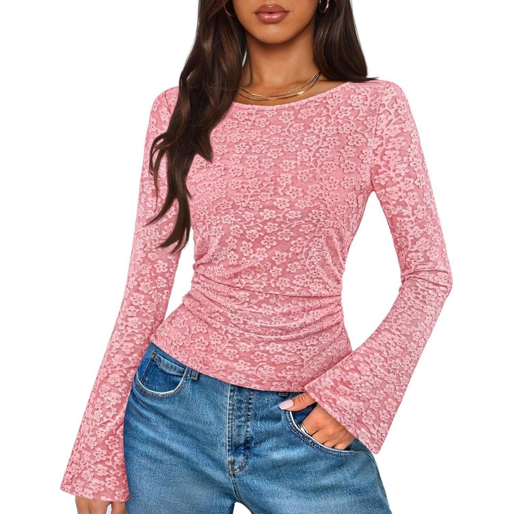imageMEROKEETY Womens Bell Long Sleeve Shirts 2025 Fall Floral Going Out Tops Slim Fit Y2k Clothes OutiftsDustypink