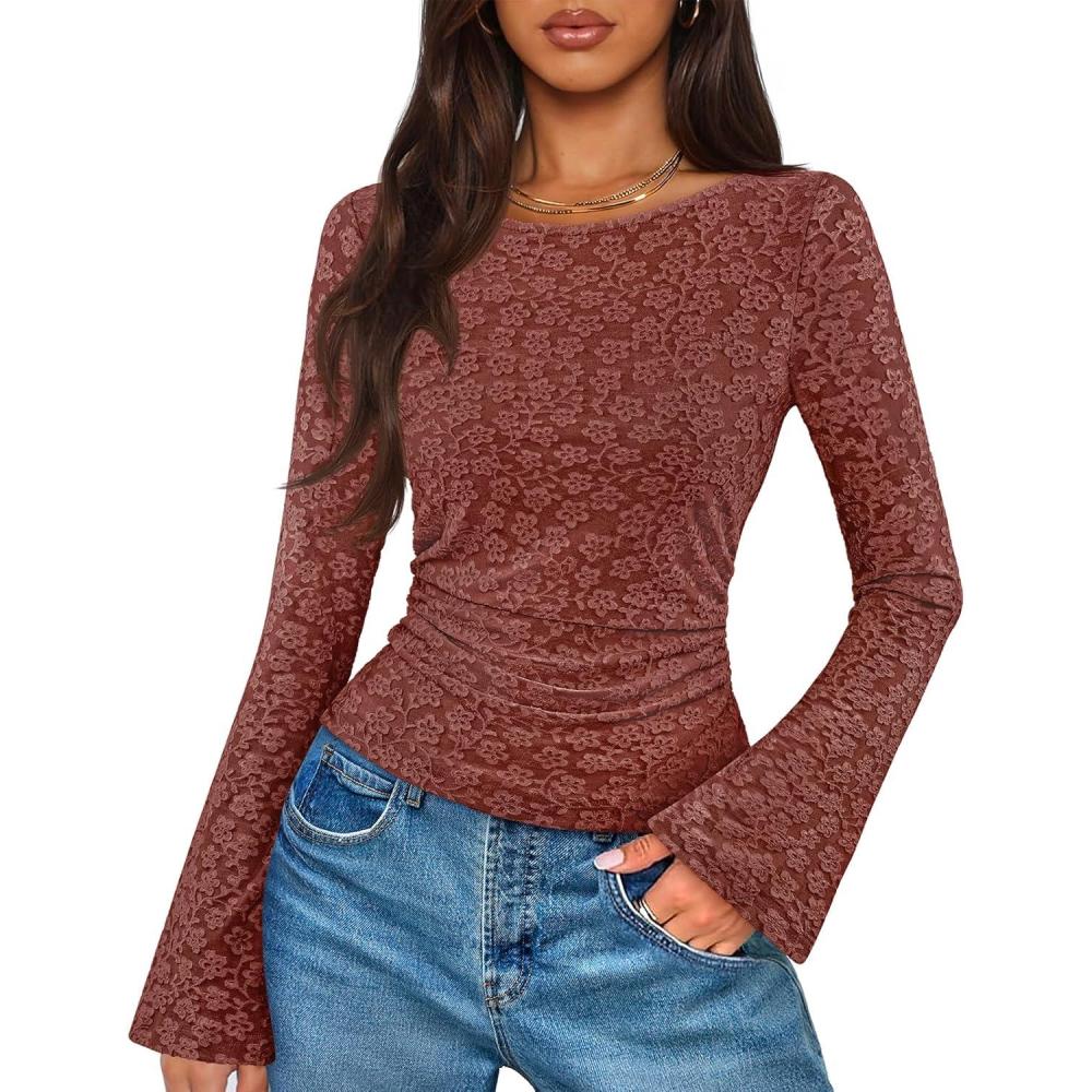 imageMEROKEETY Womens Bell Long Sleeve Shirts 2025 Fall Floral Going Out Tops Slim Fit Y2k Clothes OutiftsMaroon