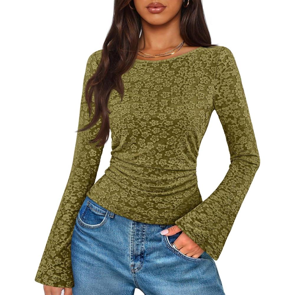 imageMEROKEETY Womens Bell Long Sleeve Shirts 2025 Fall Floral Going Out Tops Slim Fit Y2k Clothes OutiftsOlive