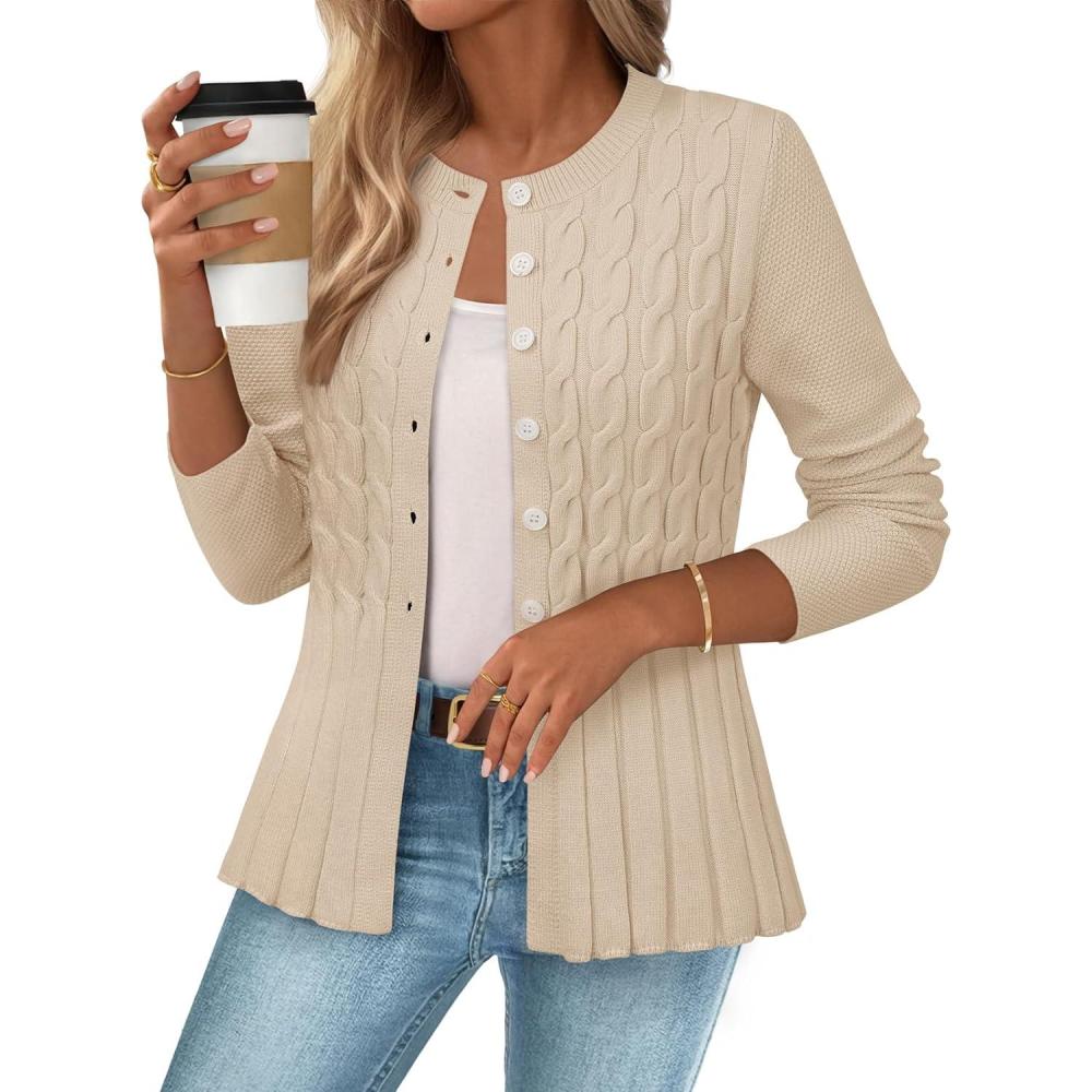 imageMEROKEETY Womens Cable Knit Peplum Cardigan Sweaters 2026 Trendy Fall Open Front Button Down Soft Knitted CoatApricot
