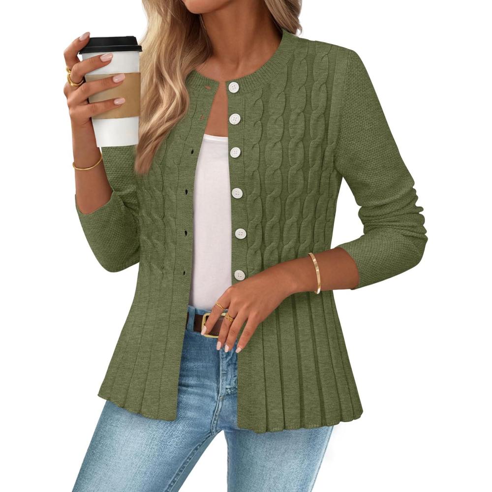 imageMEROKEETY Womens Cable Knit Peplum Cardigan Sweaters 2026 Trendy Fall Open Front Button Down Soft Knitted CoatArmy Green