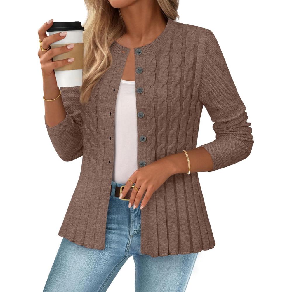 imageMEROKEETY Womens Cable Knit Peplum Cardigan Sweaters 2026 Trendy Fall Open Front Button Down Soft Knitted CoatCamel