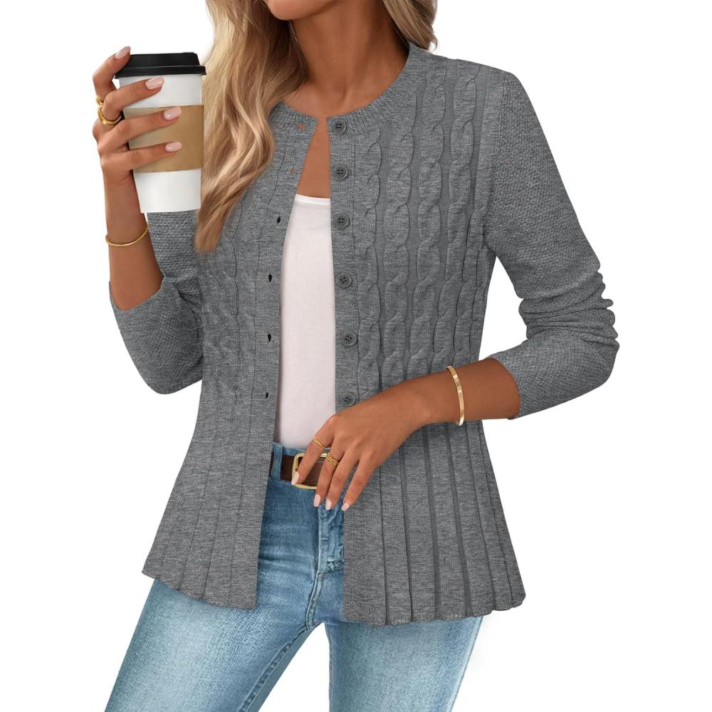 imageMEROKEETY Womens Cable Knit Peplum Cardigan Sweaters 2026 Trendy Fall Open Front Button Down Soft Knitted CoatGrey