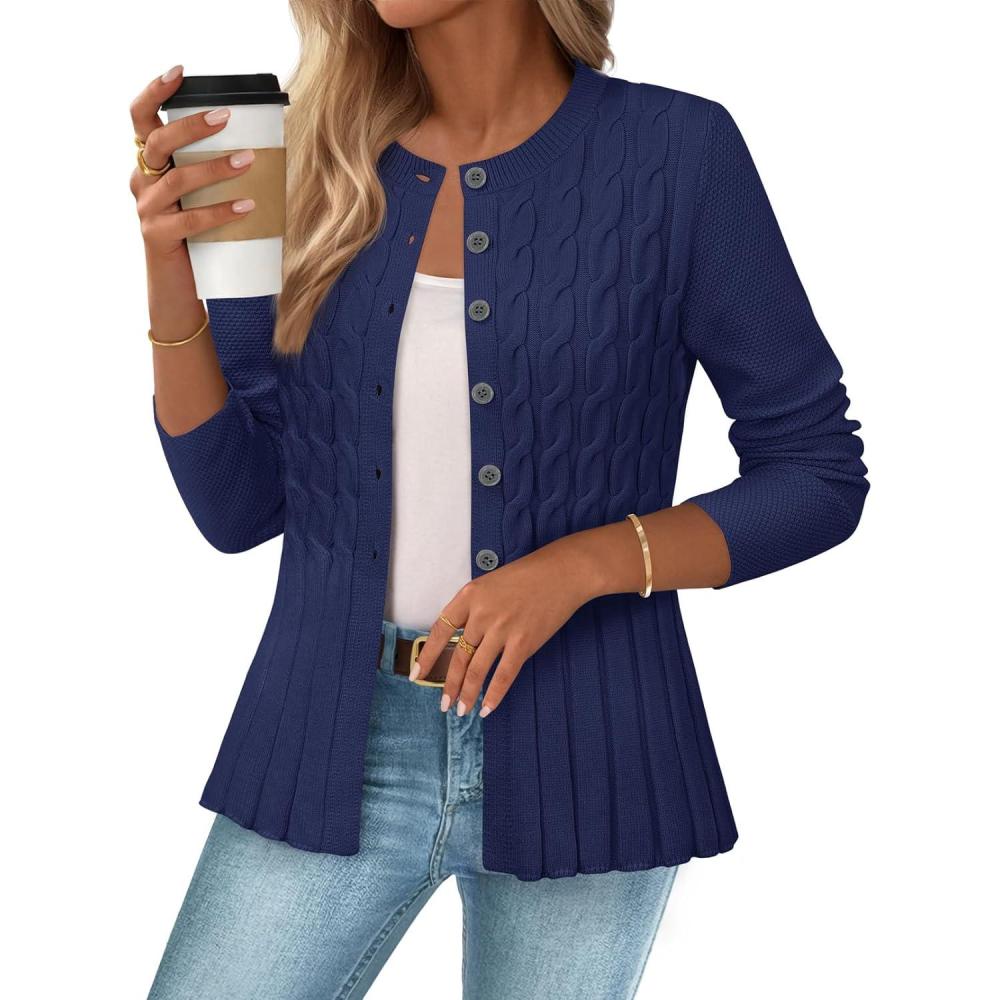 imageMEROKEETY Womens Cable Knit Peplum Cardigan Sweaters 2026 Trendy Fall Open Front Button Down Soft Knitted CoatNavy