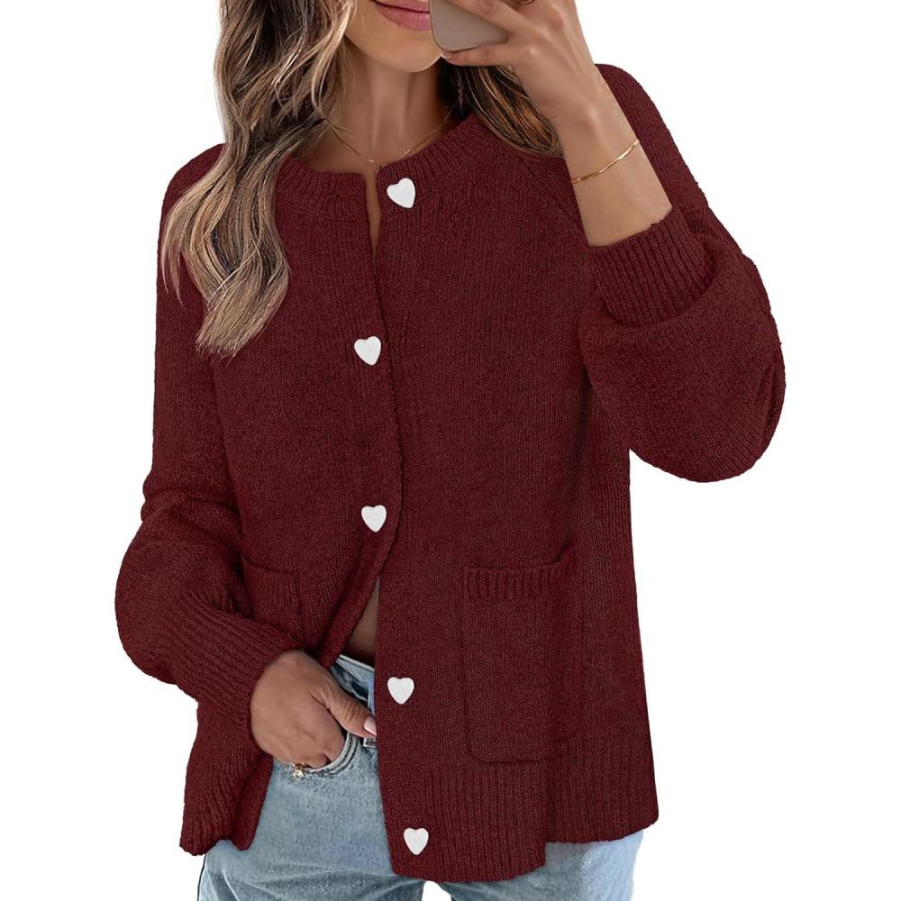 imageMEROKEETY Womens Cardigan Sweaters 2026 Fall Trendy Chunky Knit Button Up Cute Winter Long Sleeve Open Front CoatsWine