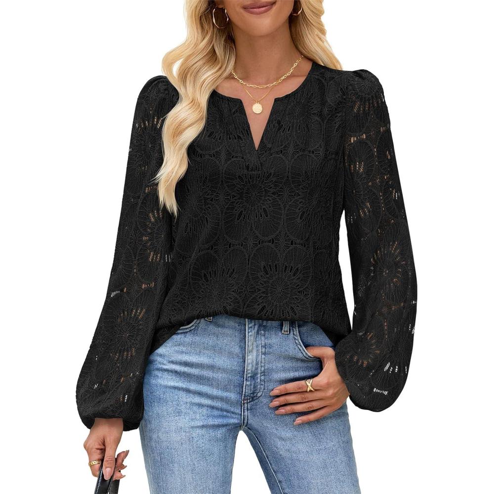 imageMEROKEETY Womens Eyelet Long Sleeve Shirts Tops Dressy Casual Fall Trendy Flower Lace Boho Crochet BlousesBlack