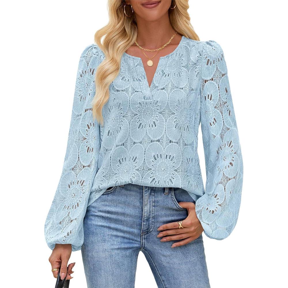 imageMEROKEETY Womens Eyelet Long Sleeve Shirts Tops Dressy Casual Fall Trendy Flower Lace Boho Crochet BlousesBlue