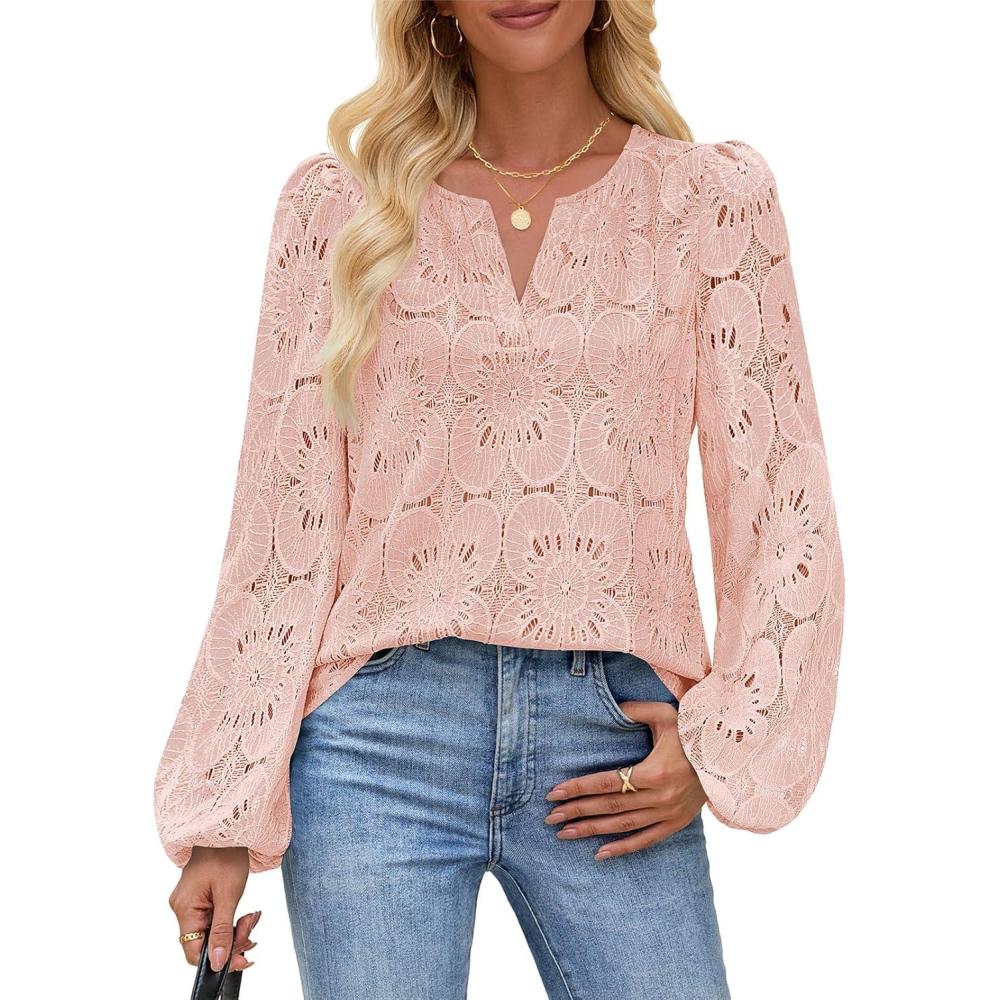 imageMEROKEETY Womens Eyelet Long Sleeve Shirts Tops Dressy Casual Fall Trendy Flower Lace Boho Crochet BlousesPink