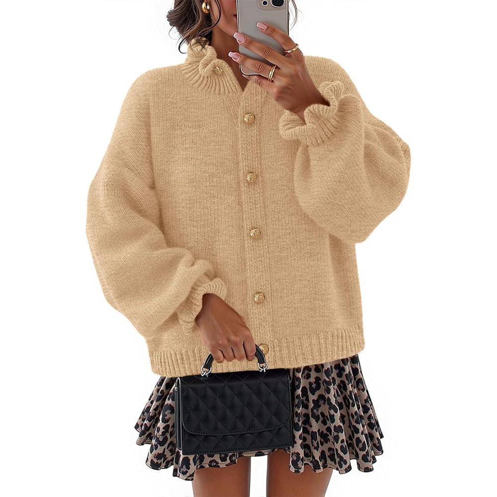 imageMEROKEETY Womens Fall 2026 Chunky Cardigan Sweaters Trendy Ruffle Button Down Long Sleeve Casual Knit Coat Winter ClothesApricot
