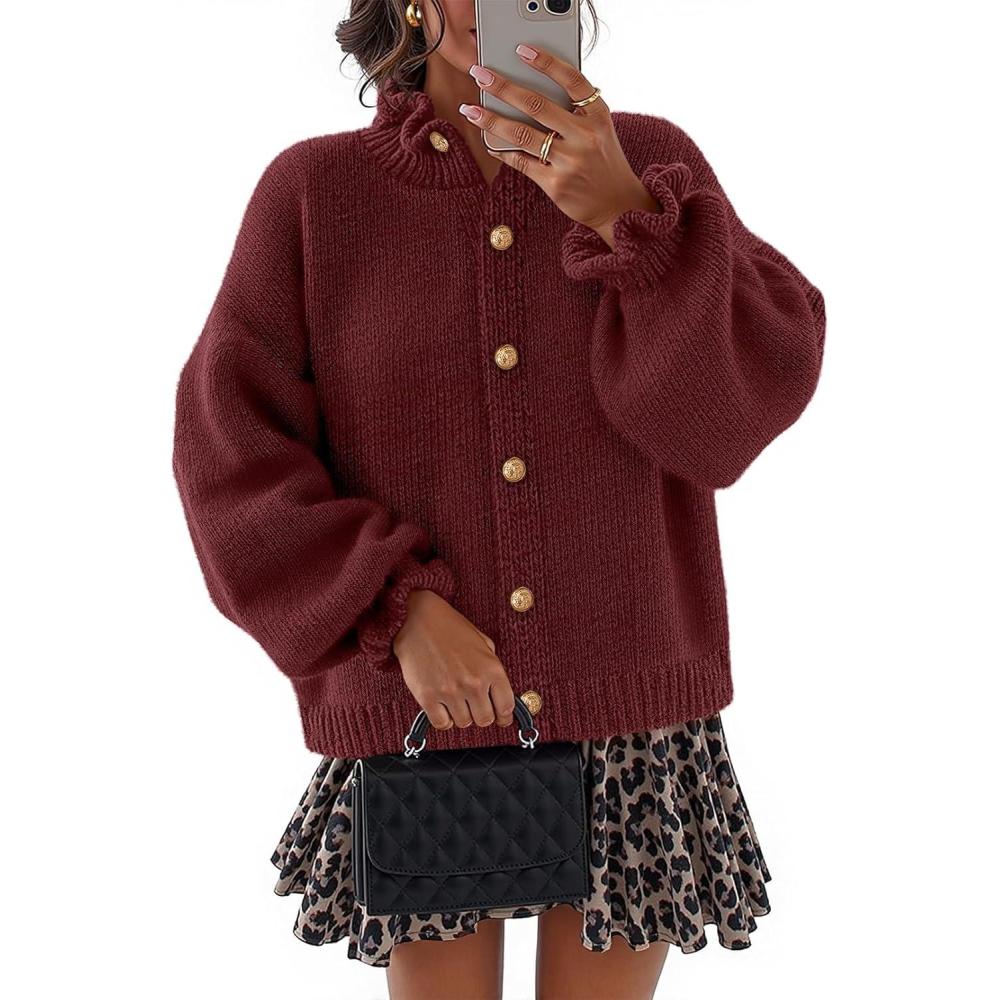 imageMEROKEETY Womens Fall 2026 Chunky Cardigan Sweaters Trendy Ruffle Button Down Long Sleeve Casual Knit Coat Winter ClothesBurgundy