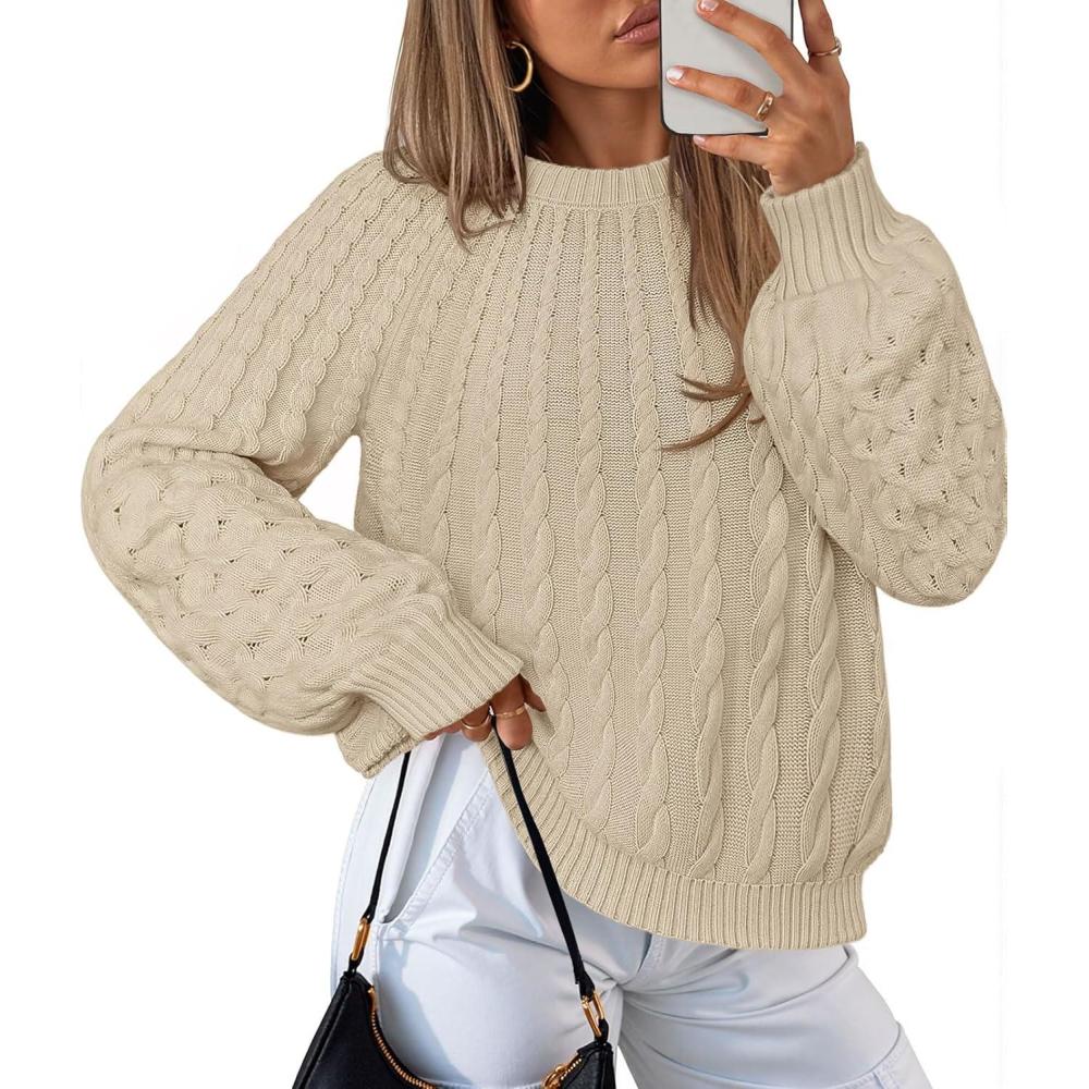 imageMEROKEETY Womens Fall Cable Knit Sweater 2025 Fashion Warm Crew Neck Lantern Sleeve Chunky Winter Pullover TopsApricot