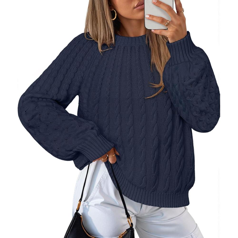 imageMEROKEETY Womens Fall Cable Knit Sweater 2025 Fashion Warm Crew Neck Lantern Sleeve Chunky Winter Pullover TopsNavy