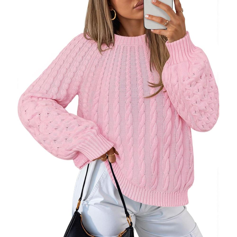 imageMEROKEETY Womens Fall Cable Knit Sweater 2025 Fashion Warm Crew Neck Lantern Sleeve Chunky Winter Pullover TopsPink