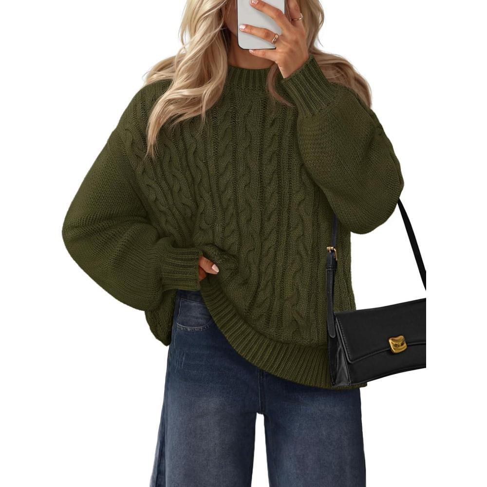 imageMEROKEETY Womens Fall Cable Knit Sweaters 2025 Long Lantern Sleeve Crewneck Chunky Loose Pullover Tops Winter ClothesArmy Green