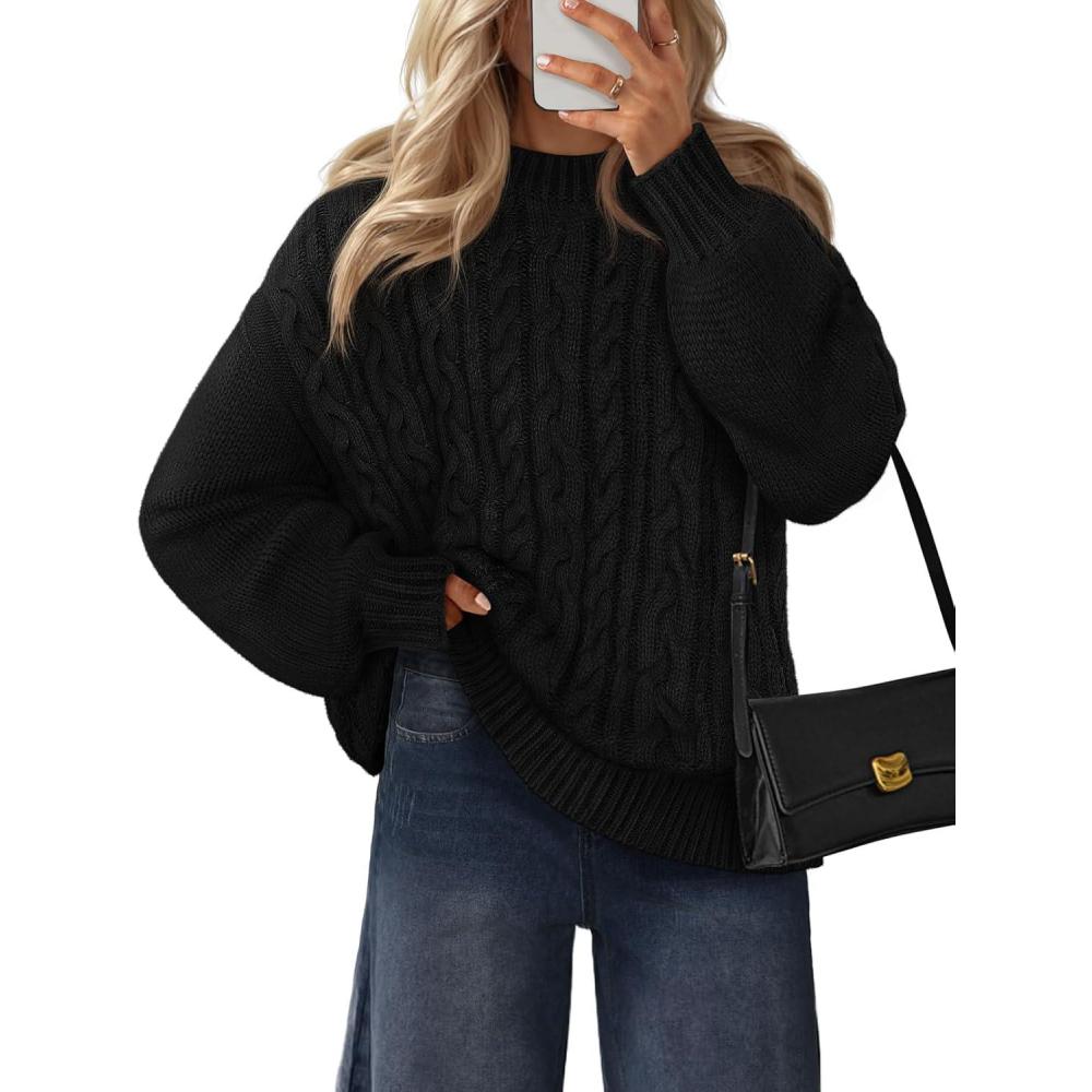 imageMEROKEETY Womens Fall Cable Knit Sweaters 2025 Long Lantern Sleeve Crewneck Chunky Loose Pullover Tops Winter ClothesBlack