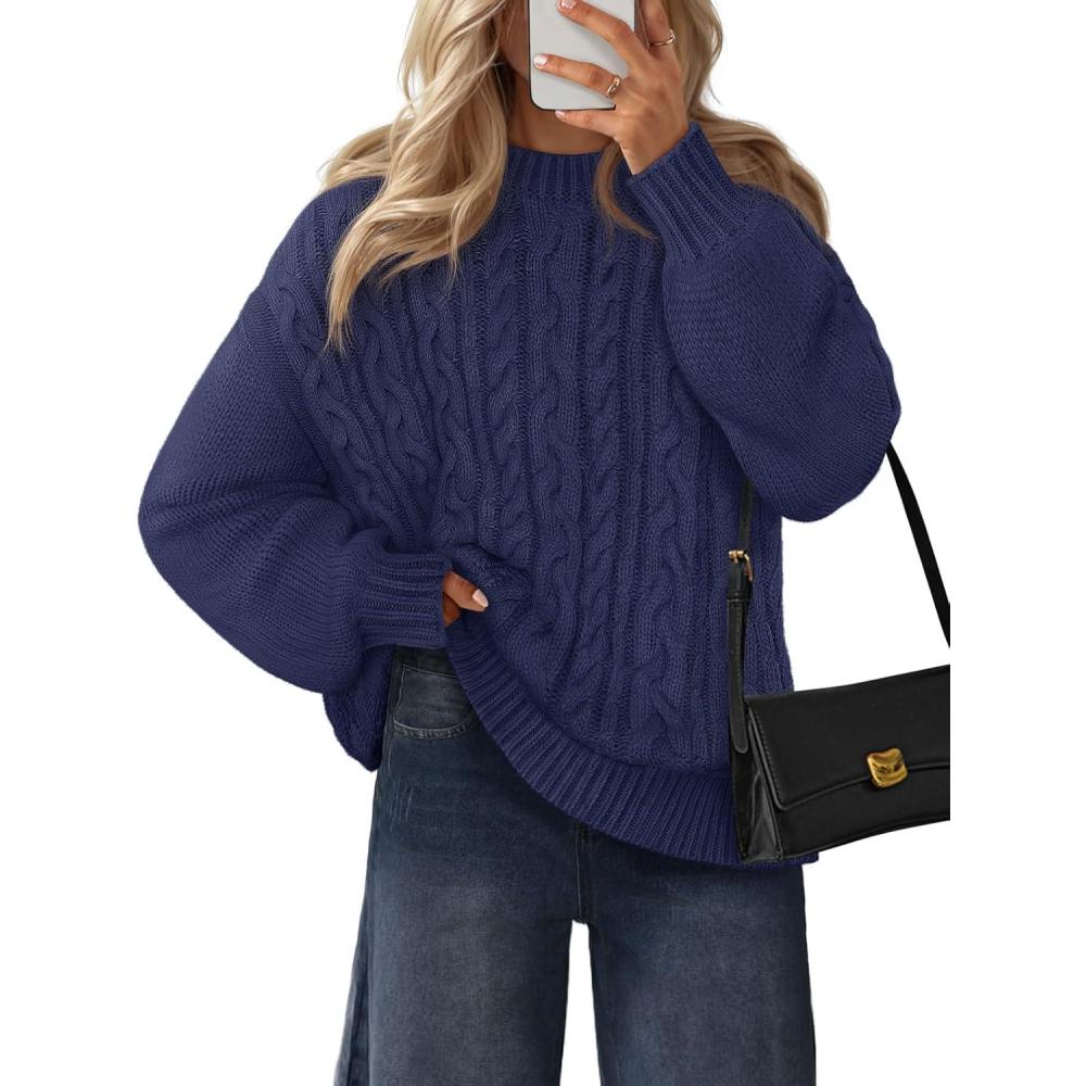 imageMEROKEETY Womens Fall Cable Knit Sweaters 2025 Long Lantern Sleeve Crewneck Chunky Loose Pullover Tops Winter ClothesNavy