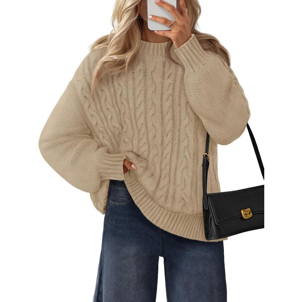 imageMEROKEETY Womens Fall Cable Knit Sweaters 2025 Long Lantern Sleeve Crewneck Chunky Loose Pullover Tops Winter ClothesSand