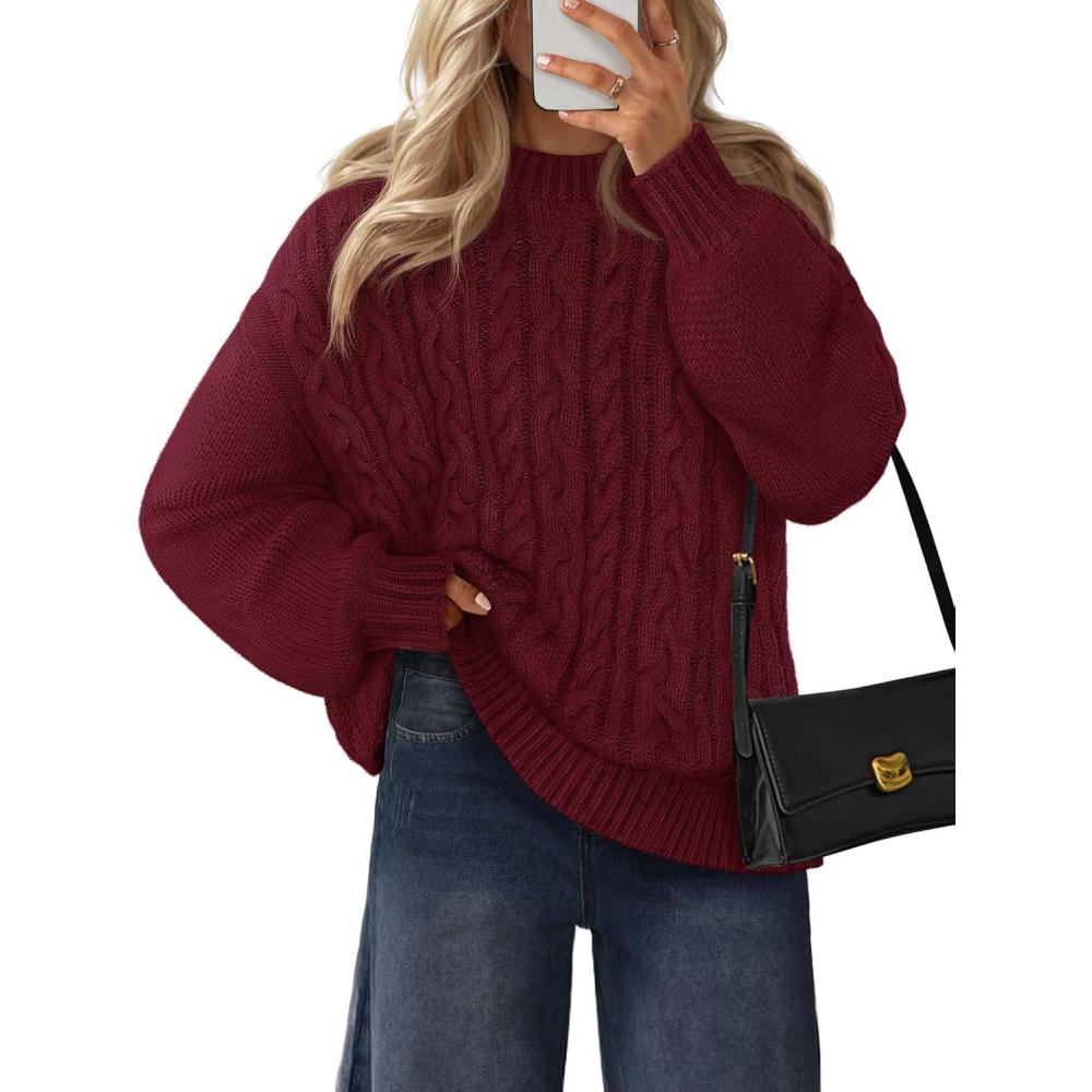 imageMEROKEETY Womens Fall Cable Knit Sweaters 2025 Long Lantern Sleeve Crewneck Chunky Loose Pullover Tops Winter ClothesWine Red