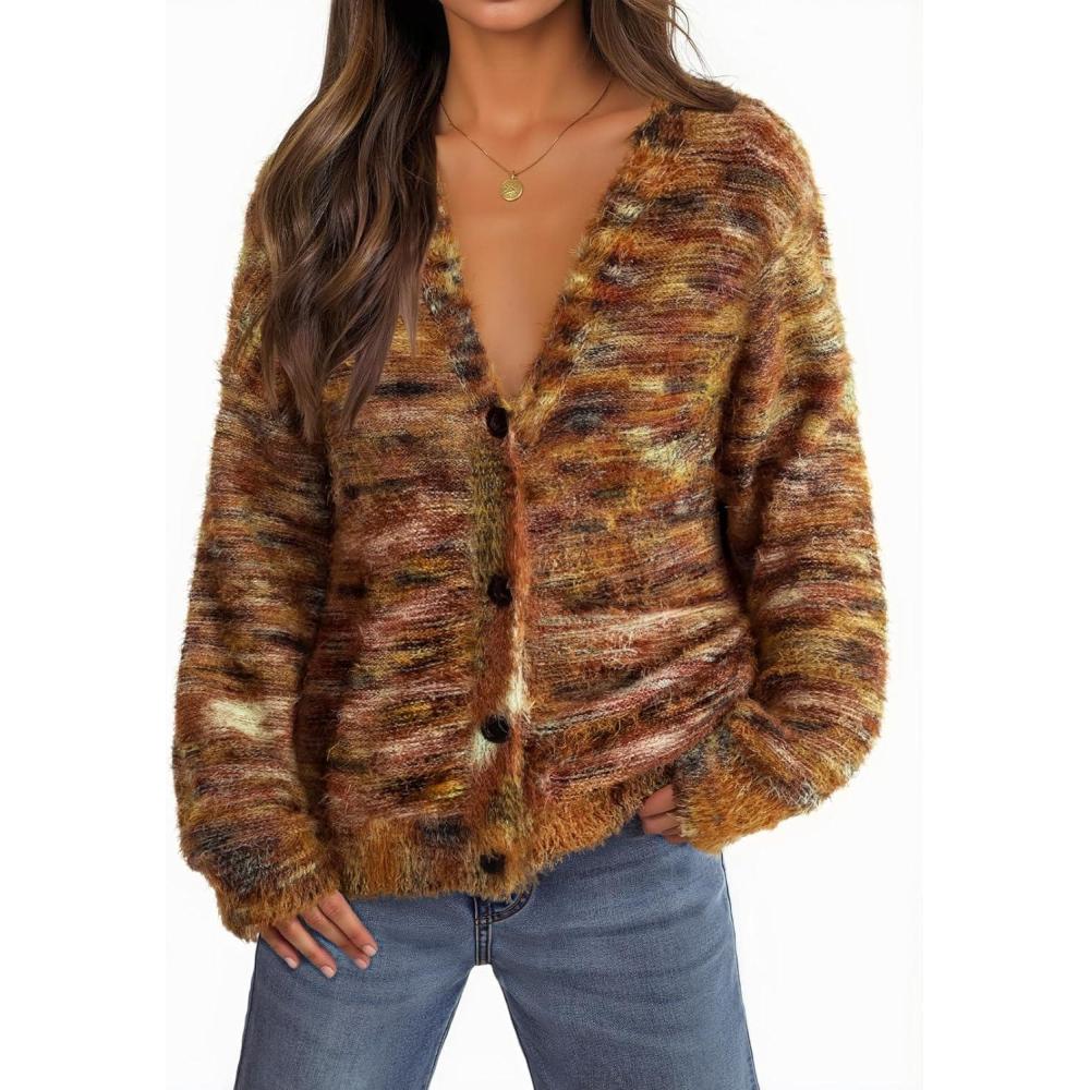 imageMEROKEETY Womens Fall Fuzzy Colorful Knit Cardigan Sweaters Winter Button Down Boho Casual Long Sleeve Outerwear TopBrown
