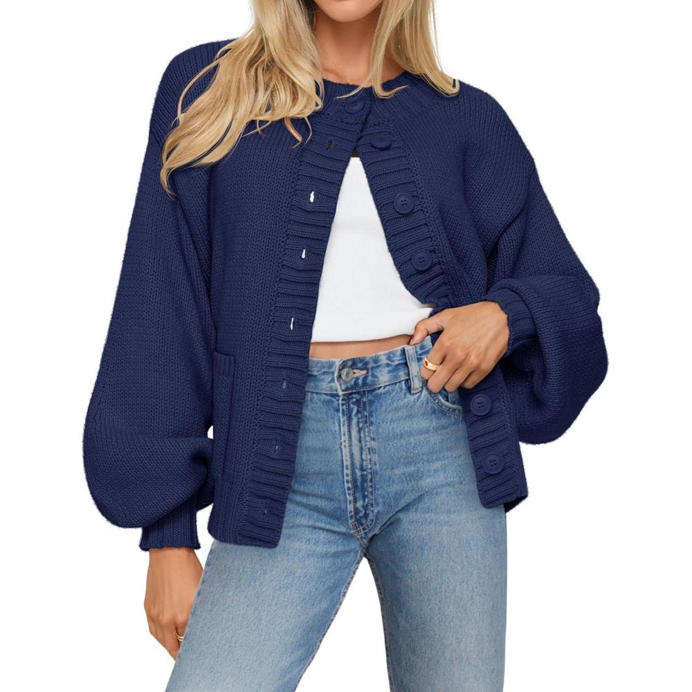 imageMEROKEETY Womens Fall Long Lantern Sleeve Cardigan Sweaters Casual Button Down Crewneck Open Front CoatNavy