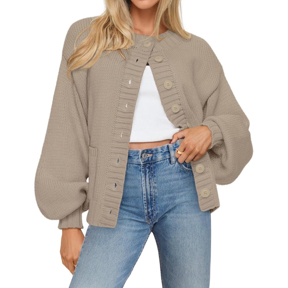 imageMEROKEETY Womens Fall Long Lantern Sleeve Cardigan Sweaters Casual Button Down Crewneck Open Front CoatSand