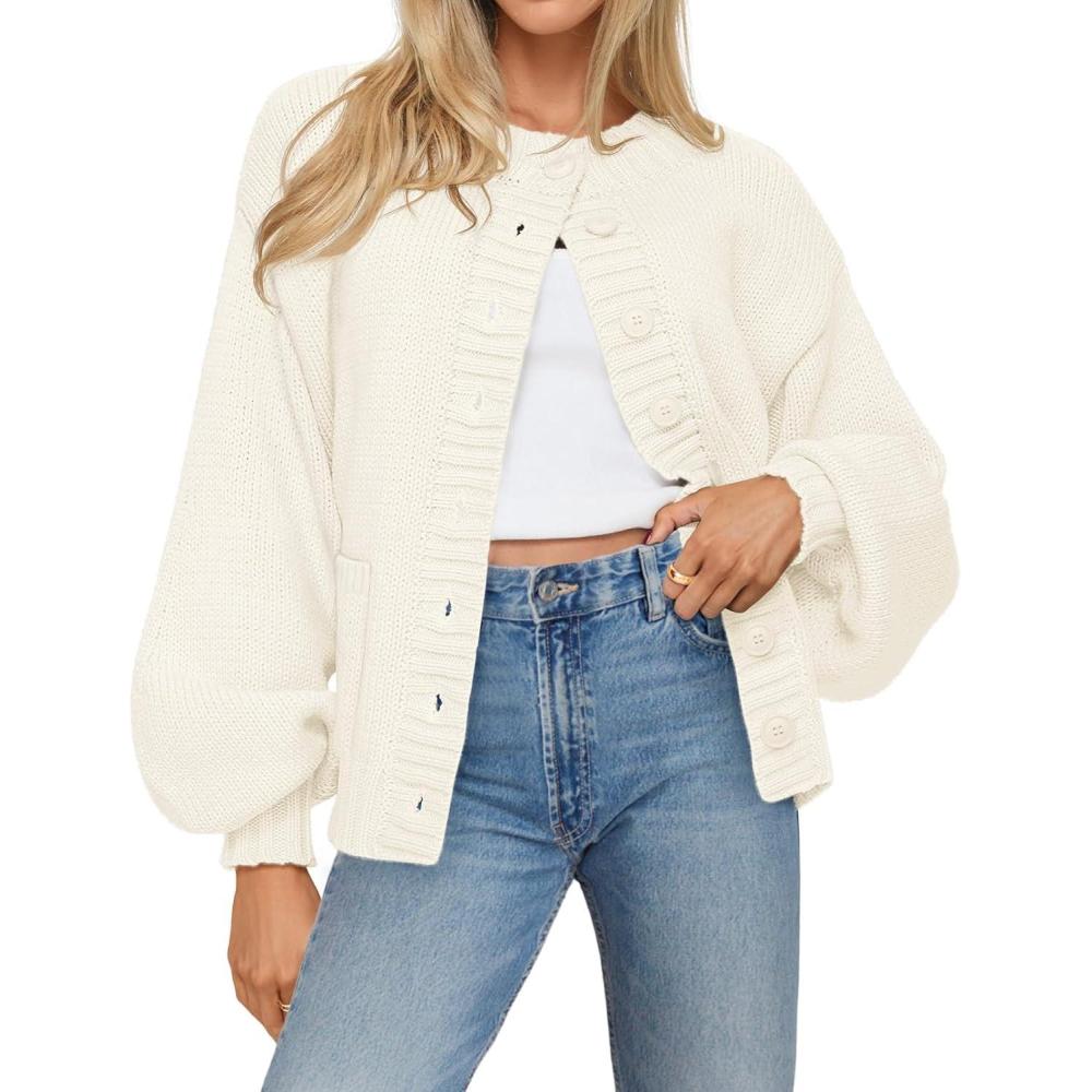 imageMEROKEETY Womens Fall Long Lantern Sleeve Cardigan Sweaters Casual Button Down Crewneck Open Front CoatWhite