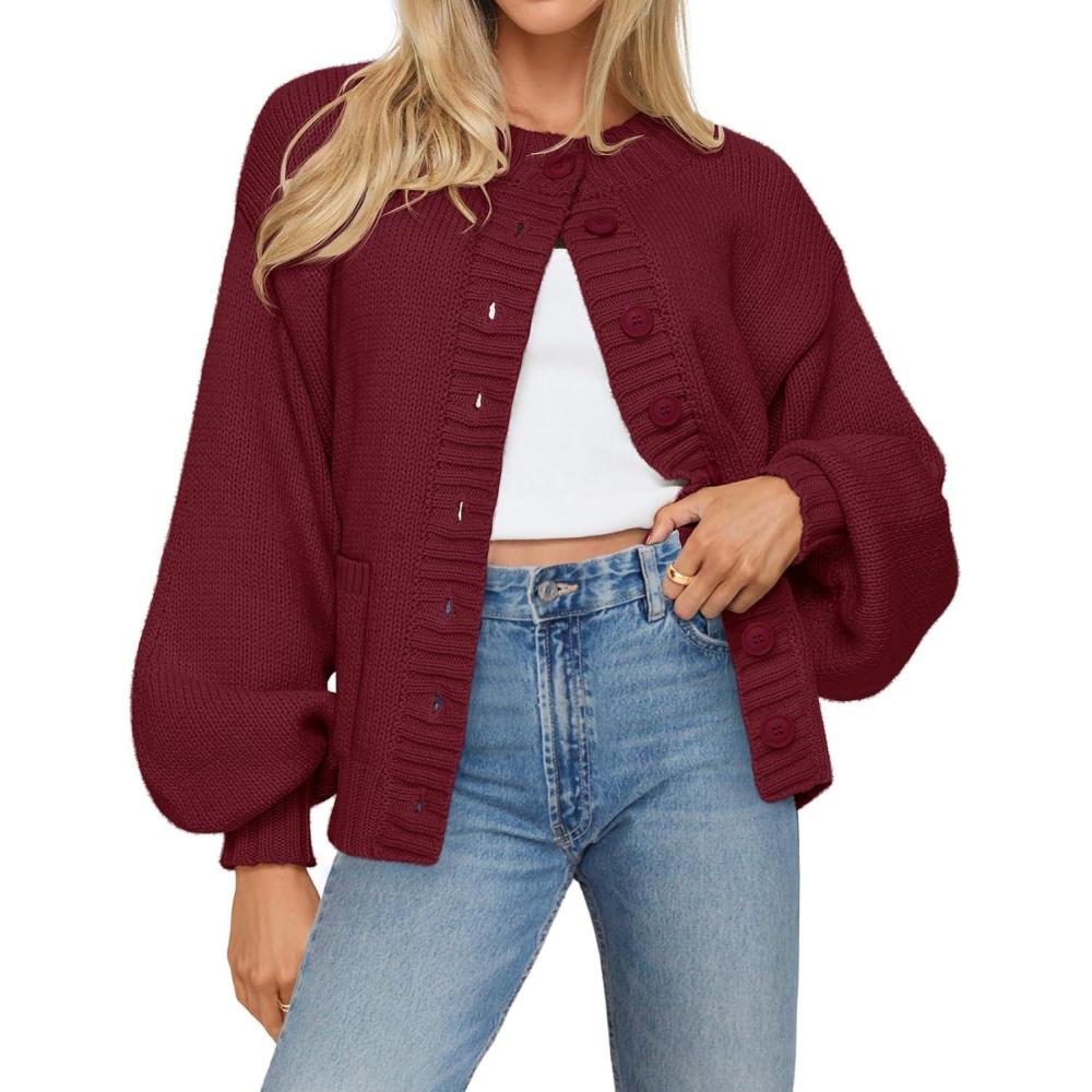 imageMEROKEETY Womens Fall Long Lantern Sleeve Cardigan Sweaters Casual Button Down Crewneck Open Front CoatWine