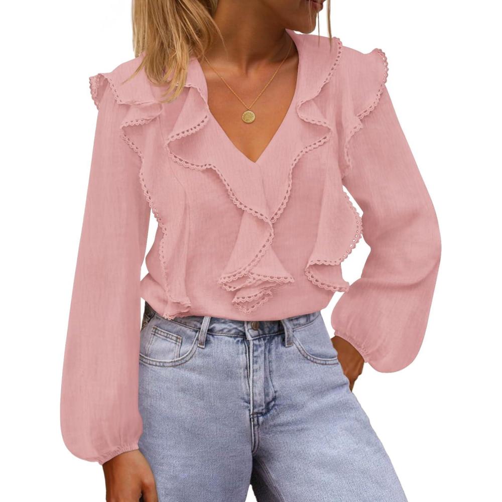 imageMEROKEETY Womens Fall Long Sleeve Ruffle Blouse Dressy Casual Top V Neck Trendy Business Work Shirts 2025Lightpink