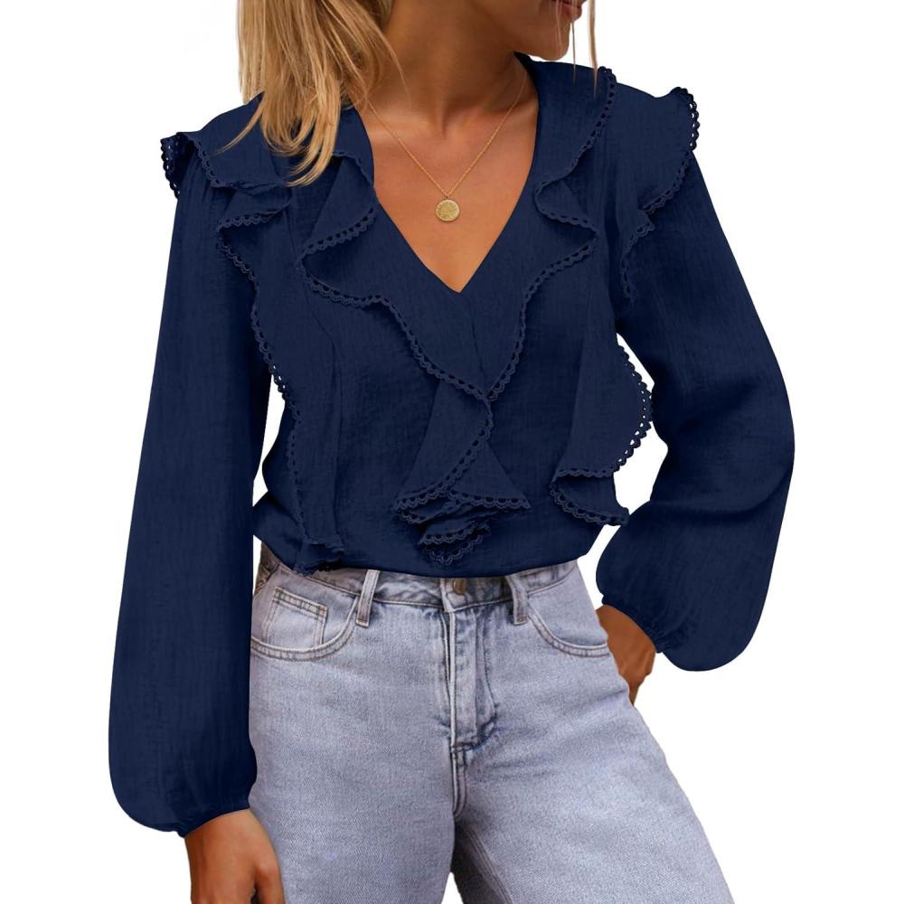 imageMEROKEETY Womens Fall Long Sleeve Ruffle Blouse Dressy Casual Top V Neck Trendy Business Work Shirts 2025Navy