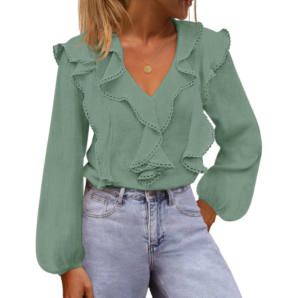imageMEROKEETY Womens Fall Long Sleeve Ruffle Blouse Dressy Casual Top V Neck Trendy Business Work Shirts 2025Seagrass