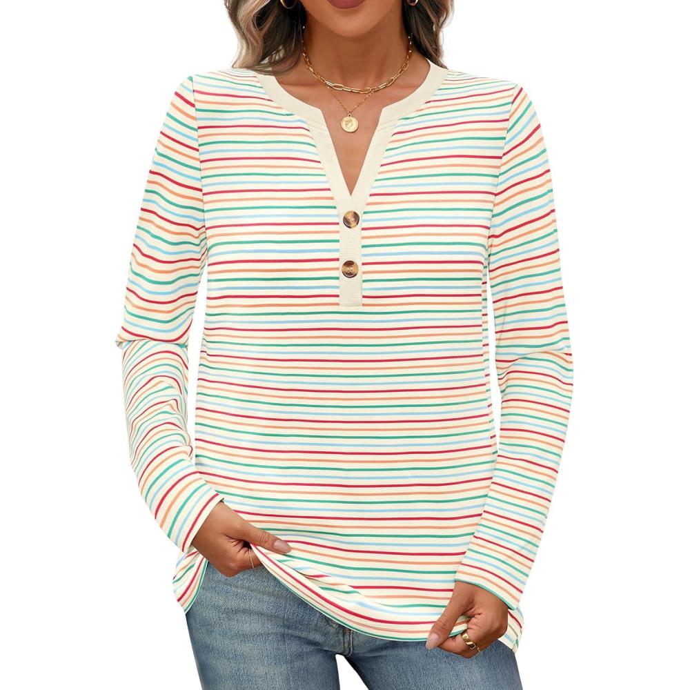 imageMEROKEETY Womens Fall Long Sleeve Striped Henley Tops V Neck Dressy Casual Loose Shirt 2025 Trendy BlouseGreen Red