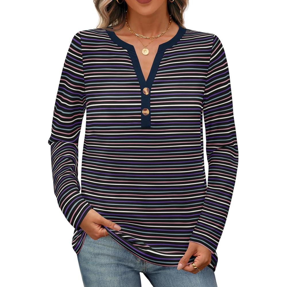 imageMEROKEETY Womens Fall Long Sleeve Striped Henley Tops V Neck Dressy Casual Loose Shirt 2025 Trendy BlouseNavy