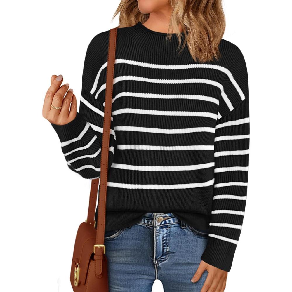 imageMEROKEETY Womens Fall Long Sleeve Striped Pullover Sweaters 2025 Trendy Turtleneck Casual Knit TopsBlack