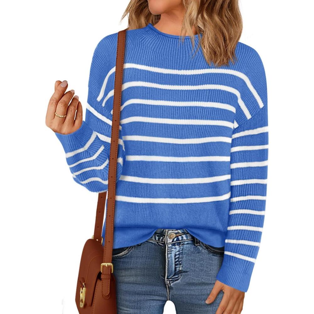 imageMEROKEETY Womens Fall Long Sleeve Striped Pullover Sweaters 2025 Trendy Turtleneck Casual Knit TopsBlue