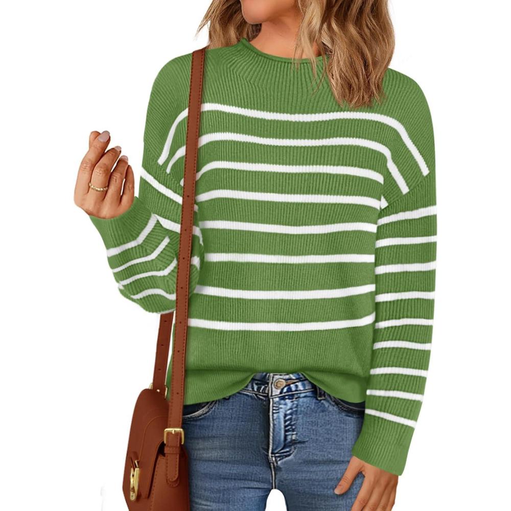 imageMEROKEETY Womens Fall Long Sleeve Striped Pullover Sweaters 2025 Trendy Turtleneck Casual Knit TopsGreen