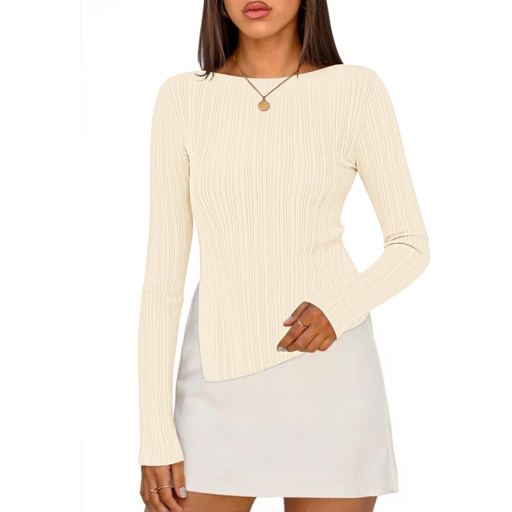 imageMEROKEETY Womens Fall Long Sleeve Sweater Tops 2025 Boat Neck Ribbed Asymmetric Lightweight Knit ShirtsBeige