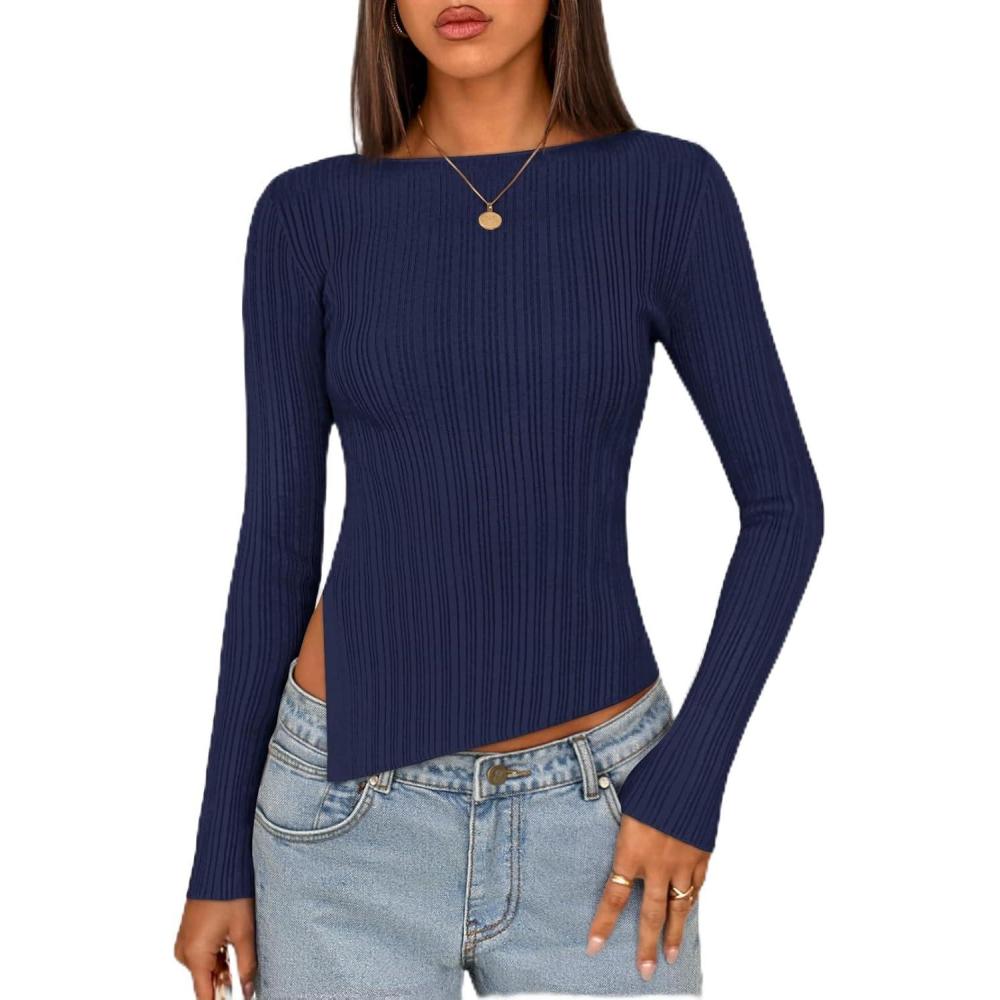 imageMEROKEETY Womens Fall Long Sleeve Sweater Tops 2025 Boat Neck Ribbed Asymmetric Lightweight Knit ShirtsNavy