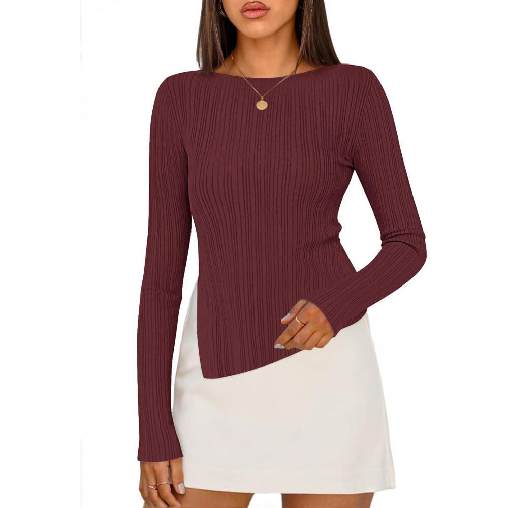 imageMEROKEETY Womens Fall Long Sleeve Sweater Tops 2025 Boat Neck Ribbed Asymmetric Lightweight Knit ShirtsWine