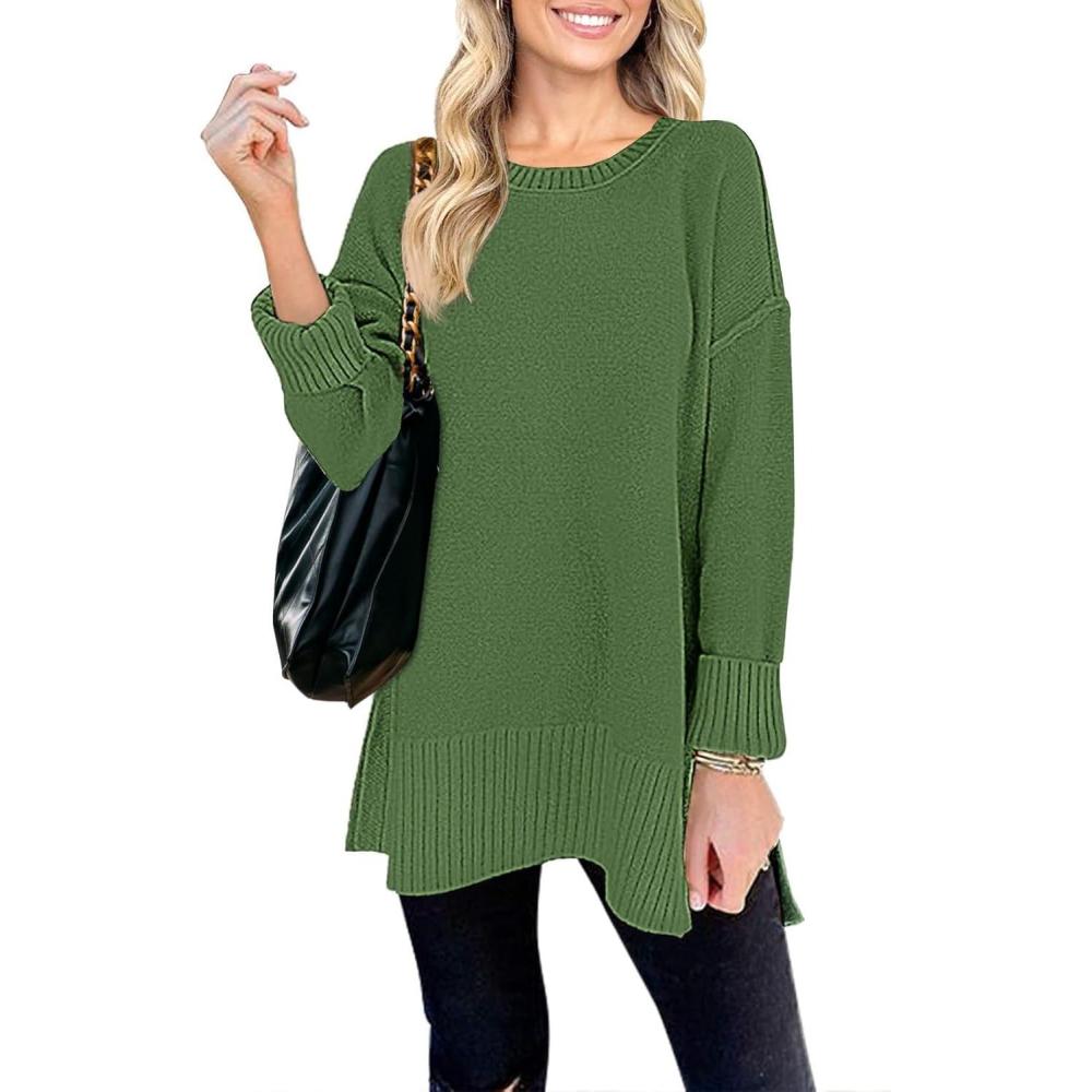 imageMEROKEETY Womens Fall Winter Oversized Pullover Sweater Spring Casual Loose Crew Neck Long Sleeve Side Split Jumper TopsDarkgreen