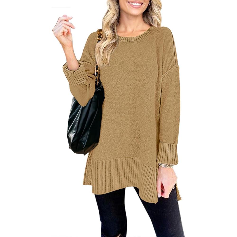 imageMEROKEETY Womens Fall Winter Oversized Pullover Sweater Spring Casual Loose Crew Neck Long Sleeve Side Split Jumper TopsKhaki