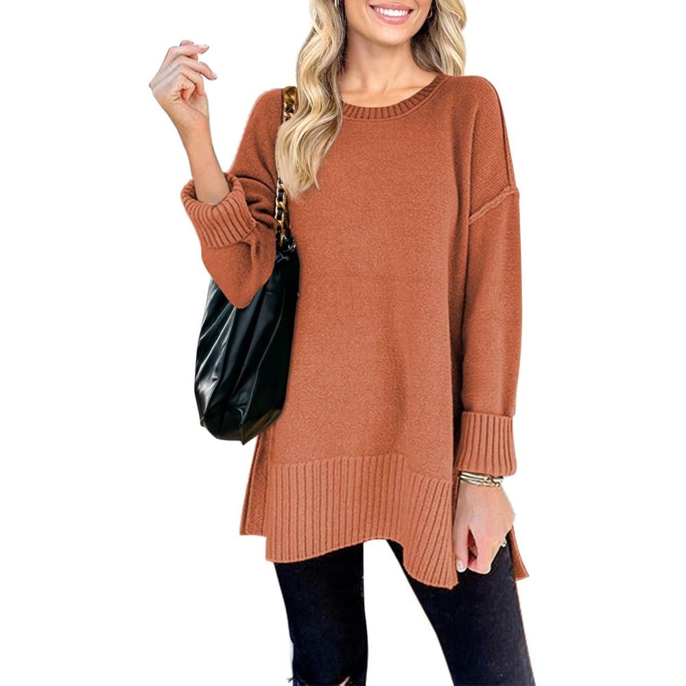 imageMEROKEETY Womens Fall Winter Oversized Pullover Sweater Spring Casual Loose Crew Neck Long Sleeve Side Split Jumper TopsOrange