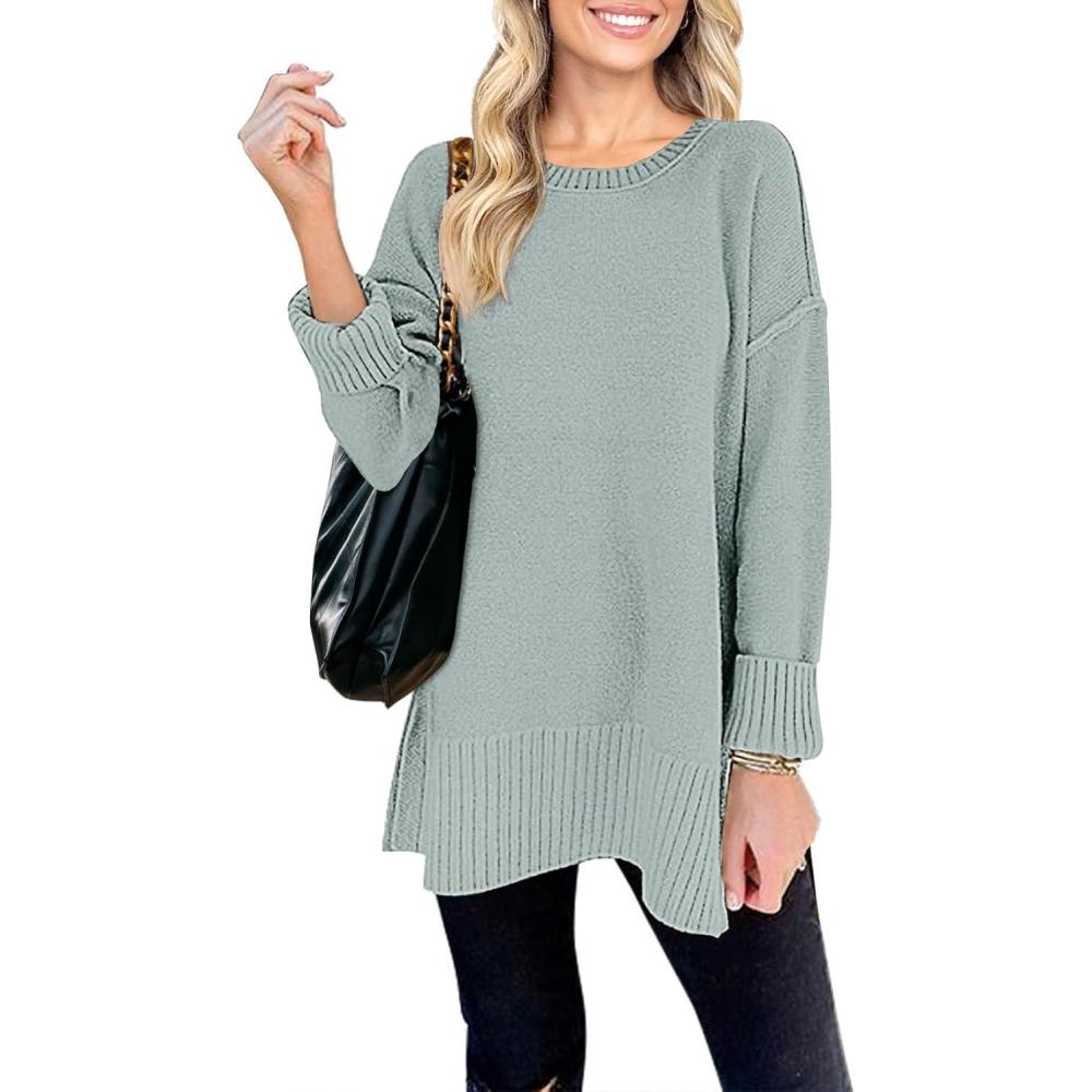 imageMEROKEETY Womens Fall Winter Oversized Pullover Sweater Spring Casual Loose Crew Neck Long Sleeve Side Split Jumper TopsSage